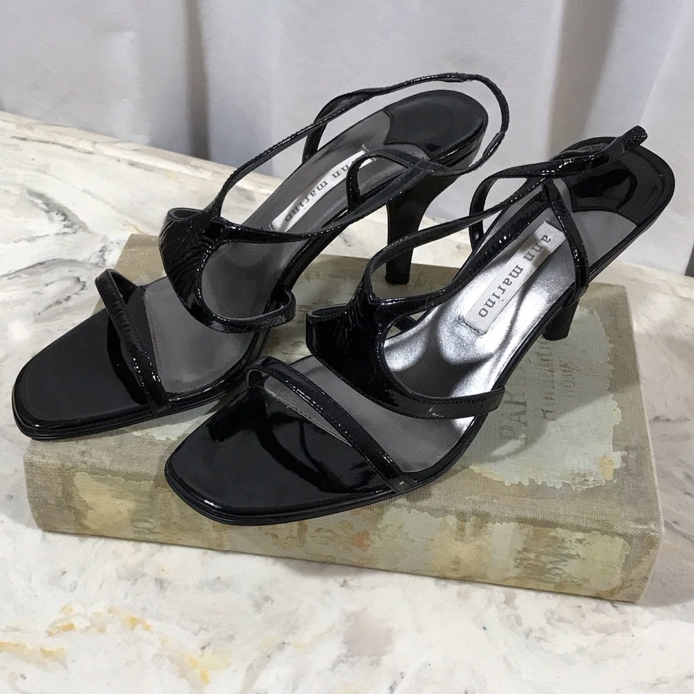 ANN MARINO | Size 8.5 M | Black Patent Leather Strappy Heels | Never Worn